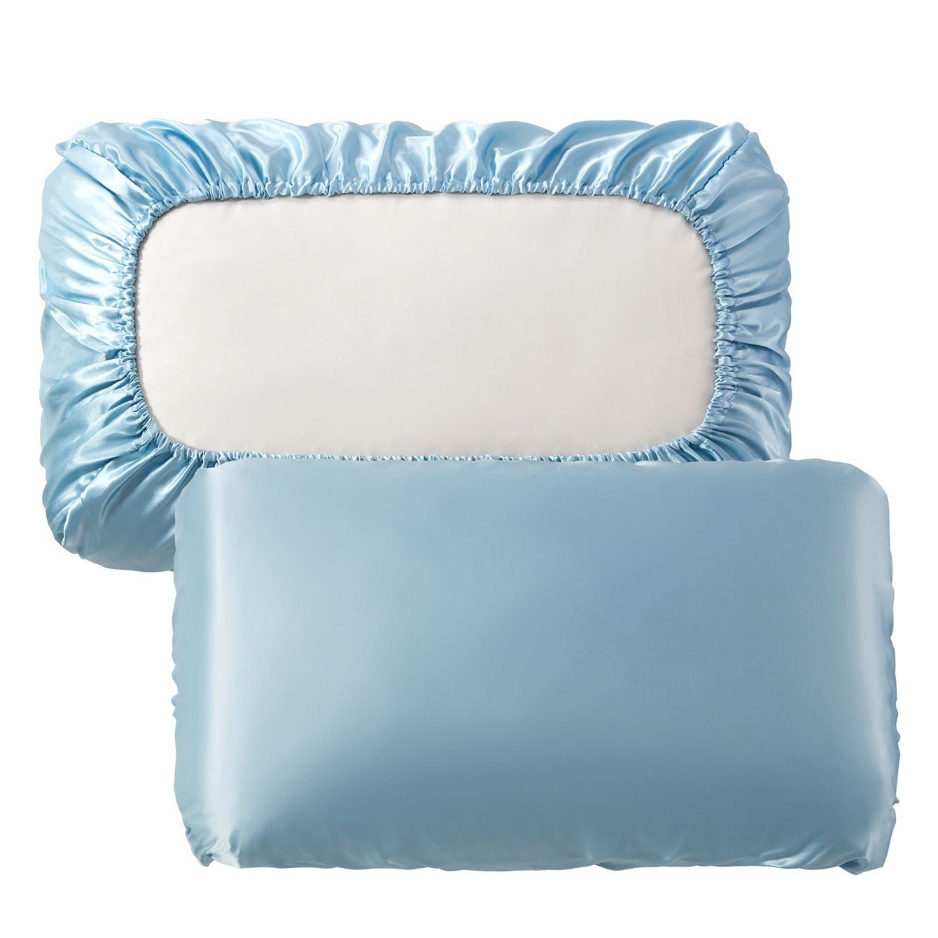 Two soft and breathable satin pillowcases with elastic cord, ideal for a comfortable night's sleep in your bedroom.