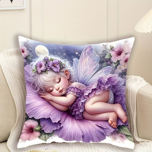 Angel girl plush pillowcase with fairy tale design featuring a sleeping fairy, floral motifs, and starry night sky. Ideal for bedroom or living room decor. Does not include pillow insert. Mystical and soft.