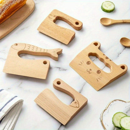 One piece of pretend cooking toys, including toy knives, sliceable fruits and vegetables, kitchen play sets, and wooden cutting utensils for faux food preparation.