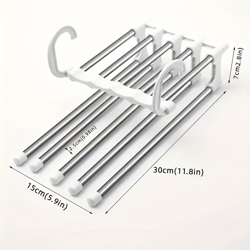 1 Stainless steel trouser hanger with 9 layers, anti-slip coating, 5 hooks; saves space and reduces clutter by 80% for tights, jeans, etc.