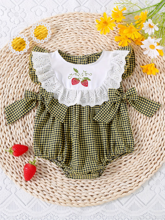 Infant girls' plaid onesie with strawberry embroidery and bow details, suitable for casual outdoor wear.