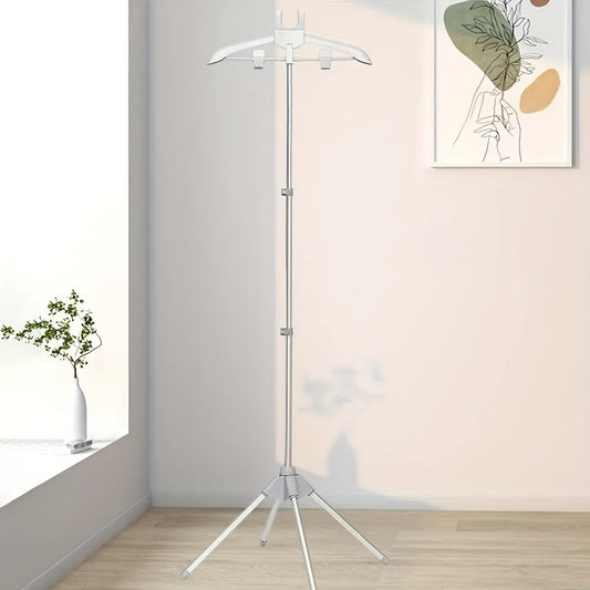 Portable adjustable height clothes steamer stand with foldable independent support rack made of plastic material. Space-saving design for convenient ironing and storage.