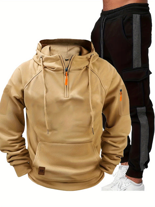 Men's Fall/Winter Casual Sportswear Set: Hooded Zip-Up Jacket & Drawstring Joggers, Polyester, Regular Fit for Outdoor Activities.