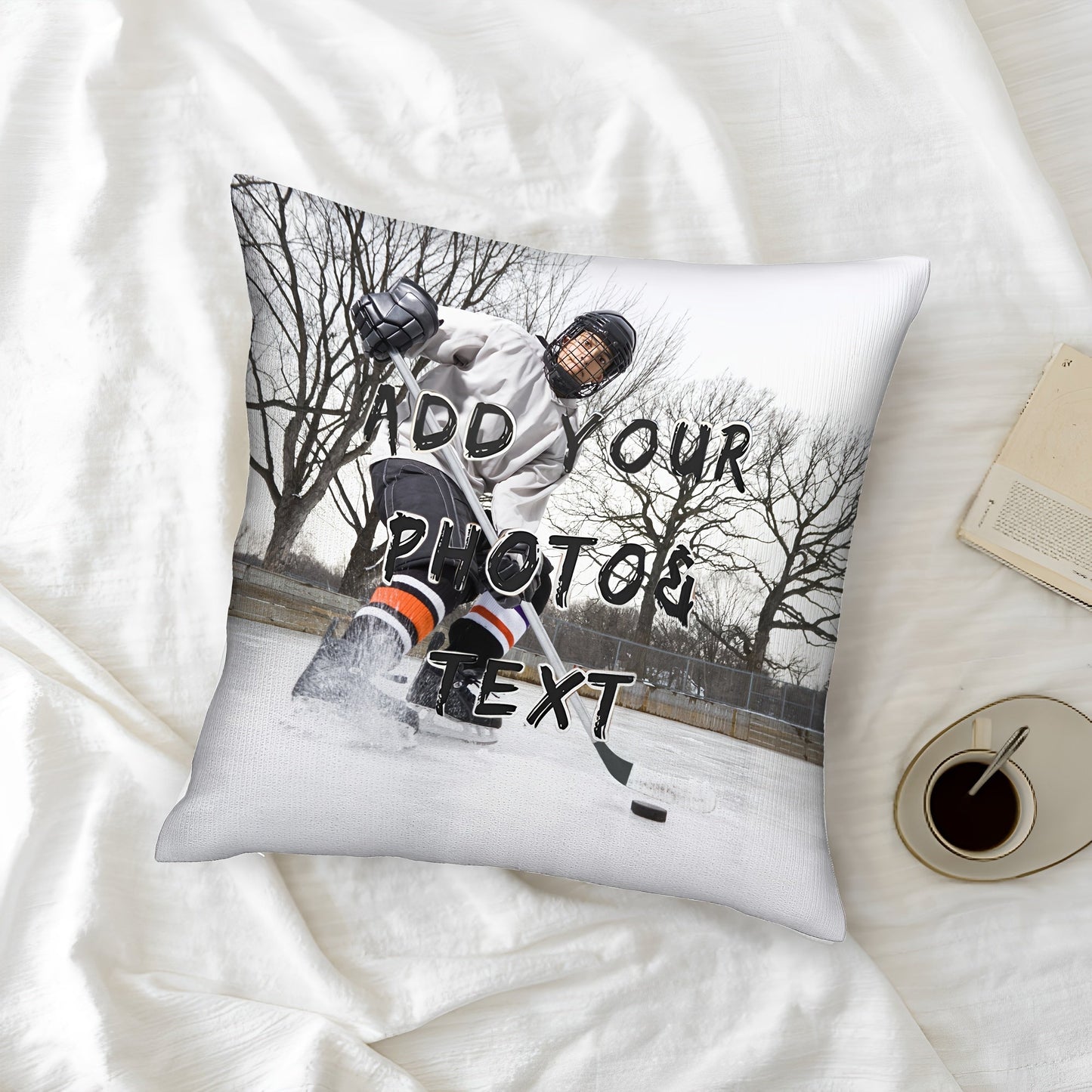 Personalized Ice Hockey Player Photo Pillow Cover, 45.72x45.72 cm, Soft Plush Pillow for Valentine's Day, Christmas, Thanksgiving, Anniversary, Single-Sided Design, Insert not included - Mixed Colors