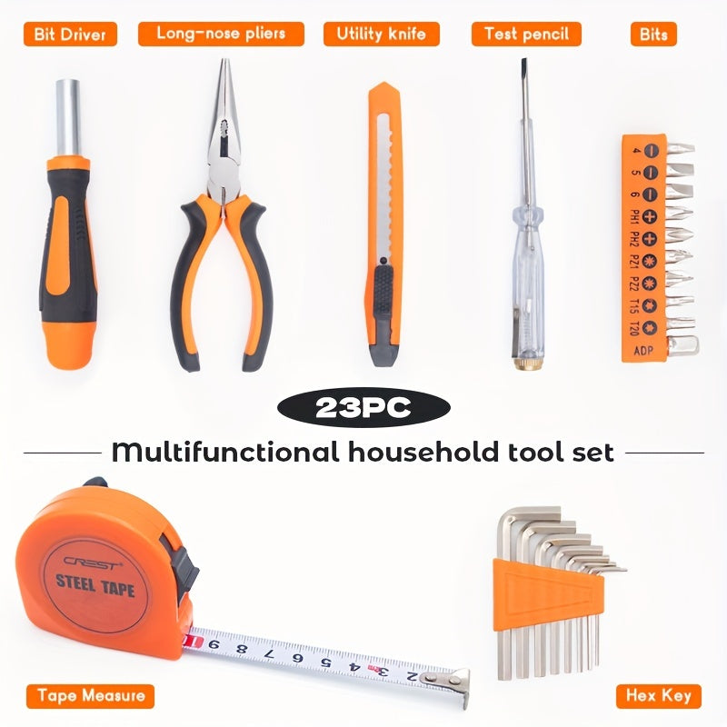 23-piece home repair tool kit with orange carbon steel tools in a durable plastic storage case, ideal for DIY projects and quick fixes.