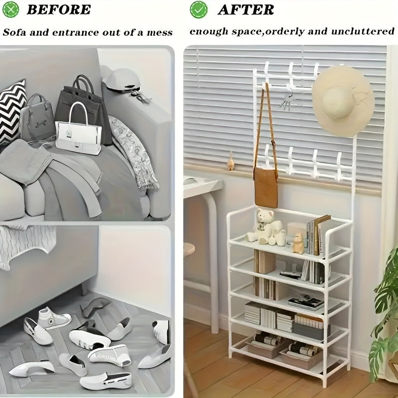 A versatile metal shoe rack with 5 layers and 8 hooks, providing a three-in-one function. Ideal for bedrooms, dormitories, living rooms, and bathrooms. Features 12-16mm diameter pipes and is easy to assemble.