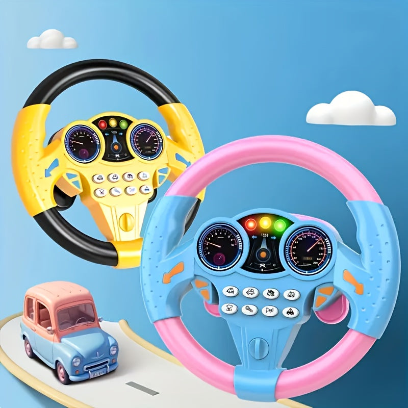 Kids Driving Simulator Steering Wheel Toy in Pink & Yellow, with Suction Cups, Sound Effects, and Educational Play - Perfect Gift for Children.