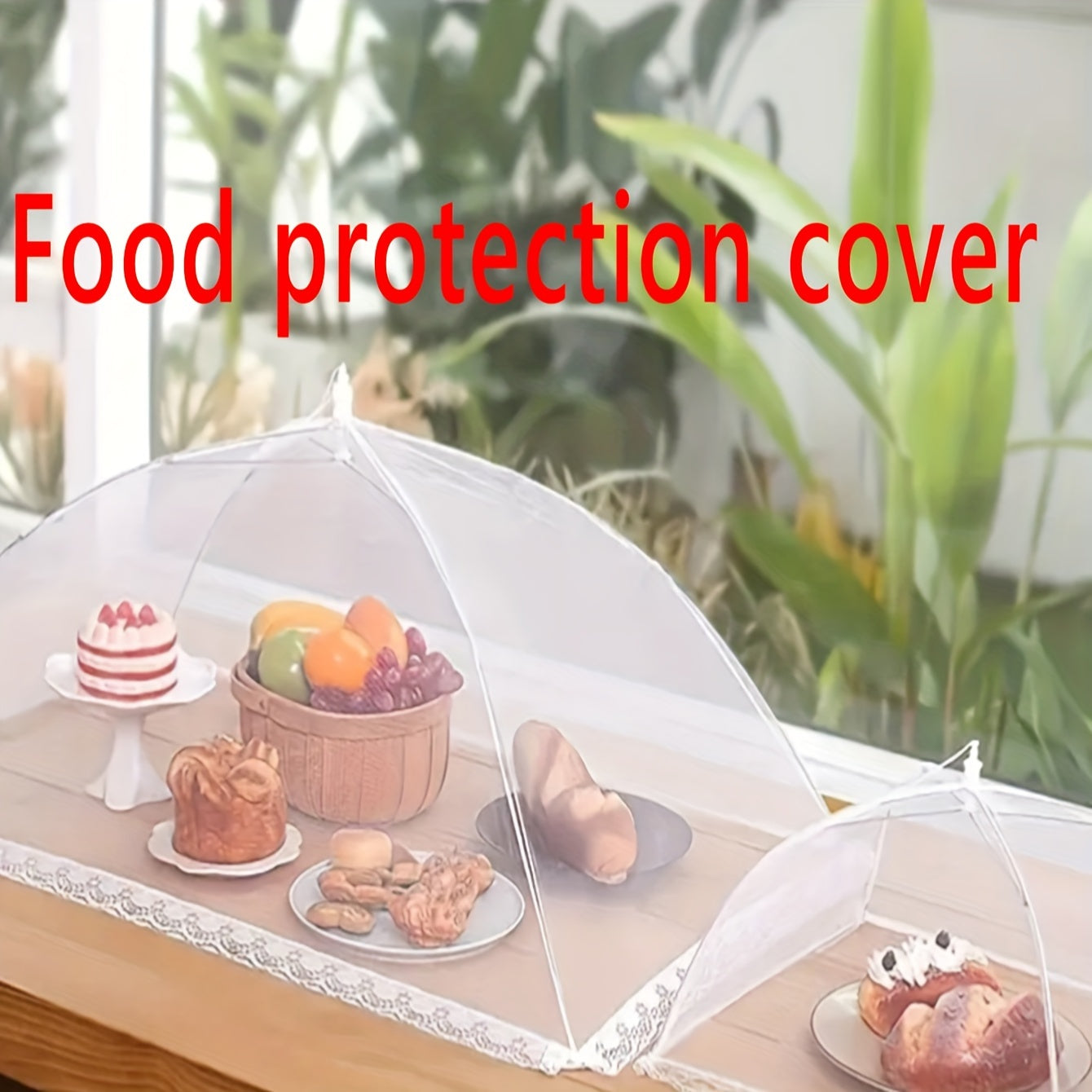 Large festive food cover with white mesh canopy and lace design for outdoor gatherings, picnics, barbecues, camping, and kitchen organization.