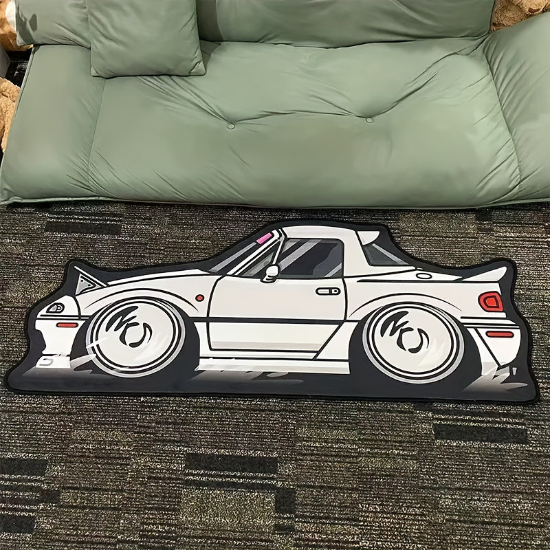 Soft polyester mat with a sports car design. This machine washable, non-slip area mat is versatile for use in the living room, bedroom, or as an office chair mat. The stylish floating window design adds a luxurious touch, making it perfect for use in a