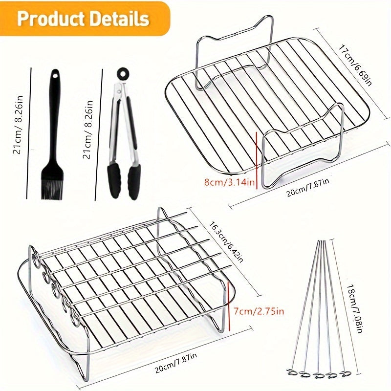 Air Fryer Accessories Set with Skewer Rack, Grill, Food Clip, Silicone Oil Brush, and Steak & Chicken Wings Grill Rack. Compatible with Ninja AF500UK Multifunctional 304 Stainless Steel Oven Stand. Convenient and Easy-to-Clean Baking Tools for your Home