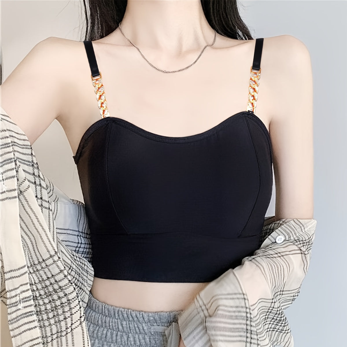 Non-slip shoulder strap for shoulderless bra with hanging neckline, rhinestone embellishments, and wide invisible design.