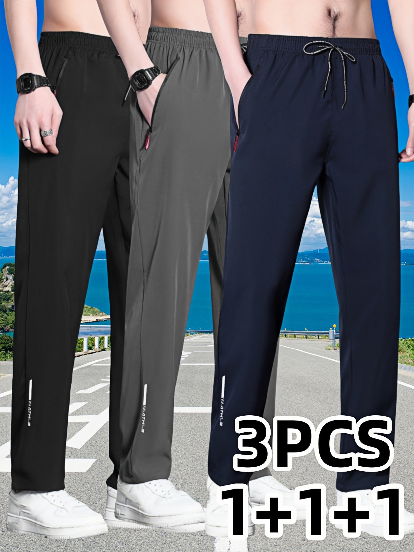 Men's 3-pack athletic running pants with quick-dry polyester, zipper, regular fit for training & fitness in black & navy.