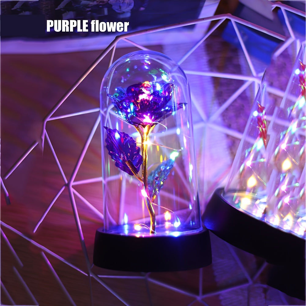 LED-lit Golden Foil Rose in Glass Dome - Battery-Powered Night Light with Pink or Yellow Flowers, great for gifting on special occasions like Valentine's Day, Mother's Day, weddings, and anniversaries. Ideal present for sisters, friends, and lovers.