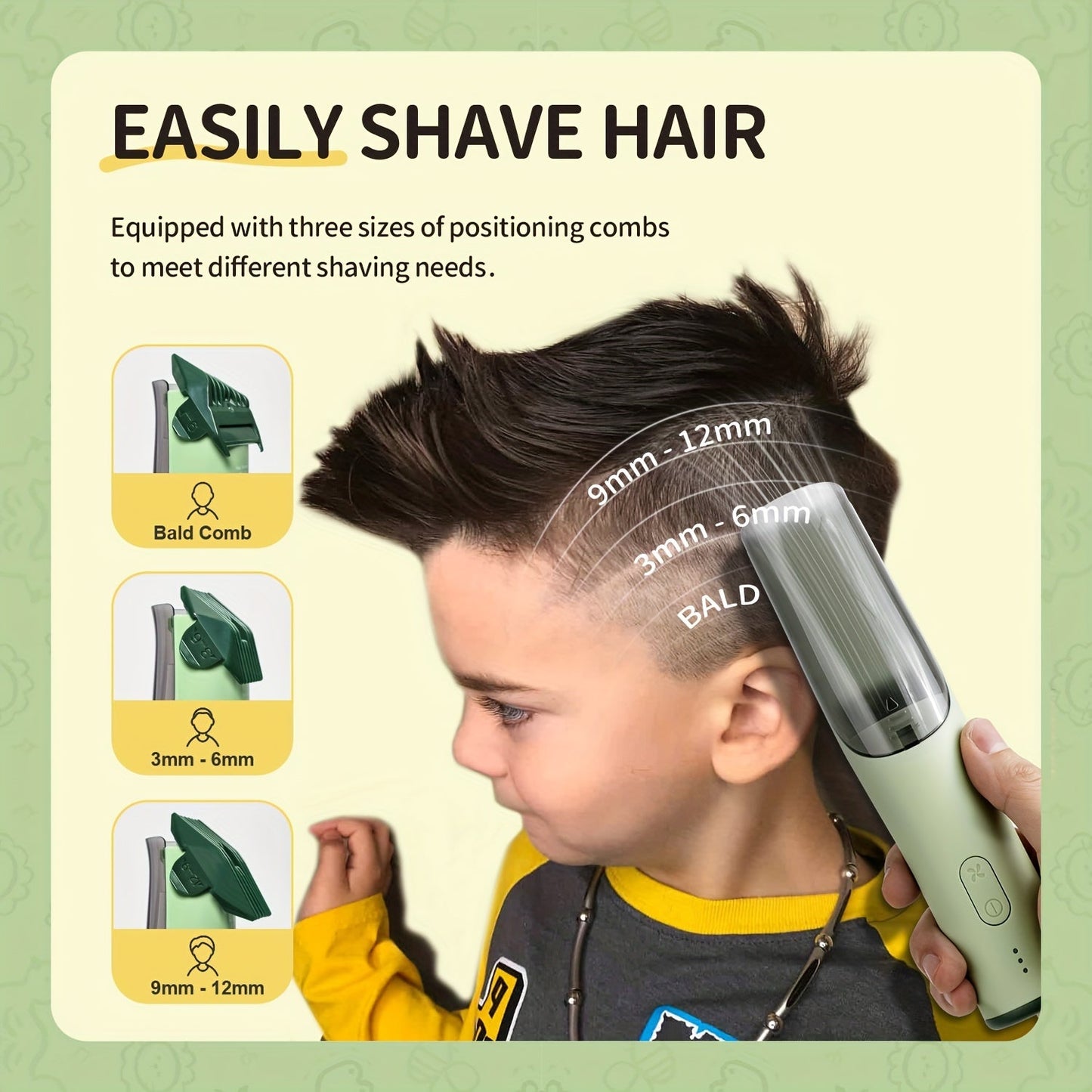 YAFULL Kids Hair Clipper Set - Safe and Quiet Trimming for Ages 3-8, Includes Suction Chamber, 3 Guide Combs, USB Rechargeable Lithium Battery, Wireless Operation, Electric Trimmer Care Kit for Toddlers and Children