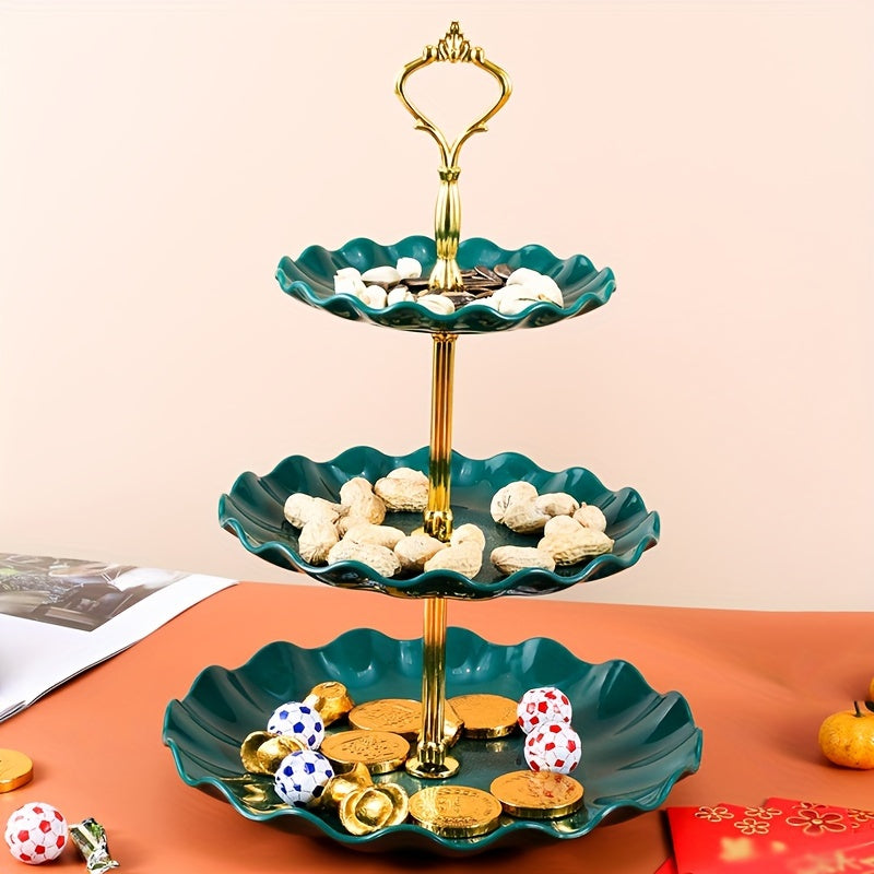 Three-layer candy plate for household living room, ideal for storing dried fruit. Creative multi-layer plastic fruit basket in festive New Year style.