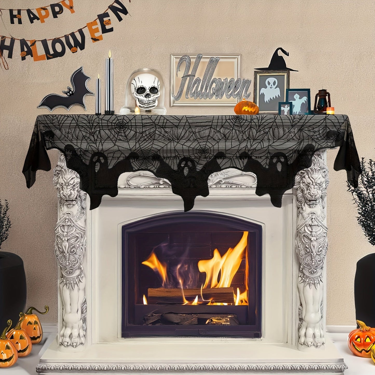 Spooky Black Lace Spider Web Fireplace Mantel Scarf - Gothic Cobweb Design, No Electricity Needed, Great for Halloween Decoration & Themed Events