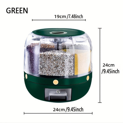 Food grade rotating cereal dispenser with insect and moisture proof features. Hand wash plastic organizer for grains with sealed compartments for rice and dry food storage.