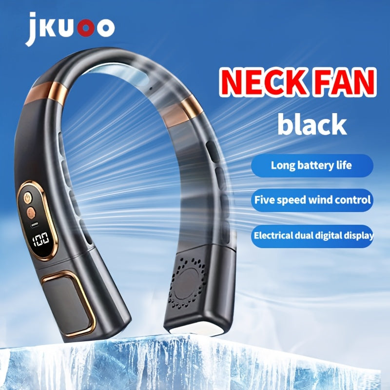 Portable Neck Fan with LED Display - 5-Speed, USB Rechargeable, High-Speed Wearable Fan for Outdoor Activities, Office, and Night Cycling, featuring a Polished Plastic Finish, Button Control, suitable for Indoor & Outdoor Use