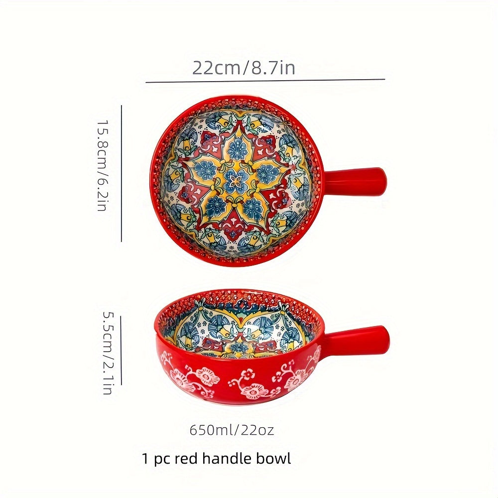 22.1 cm Bohemian ceramic salad bowl with handle, microwave and oven safe for home baking and serving.