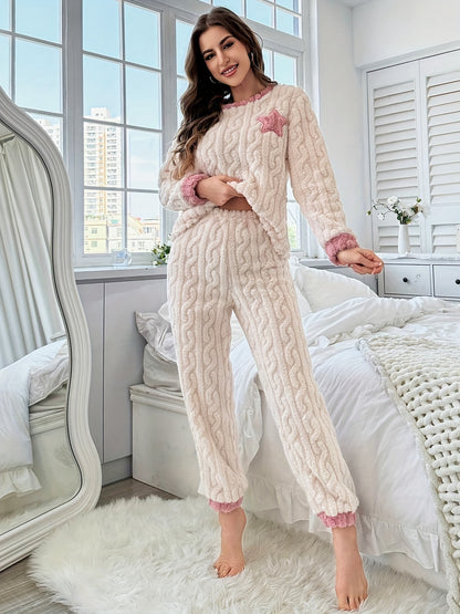 Thick fleece pajama set for women with star pattern, round neck top and pants, perfect for fall and winter.