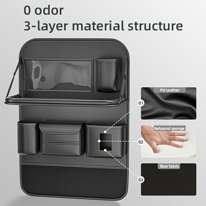 1 PU leather car storage hanging bag with large capacity, backrest, dining table, and universal fit.