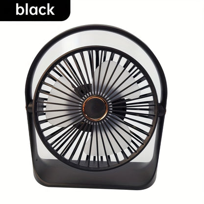 The Portable LED Display Fan features a 6-inch transparent blade with backlighting, designed to be clipped on or used with the stand. It is USB rechargeable with a 1200mAh lithium battery and operates quietly, making it perfect for use in offices