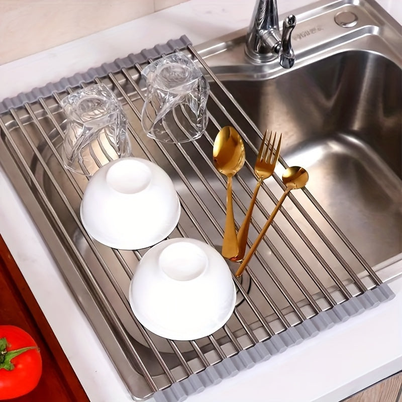 Stainless Steel Roll-Up Dish Drying Rack designed for Kitchen Sink - Folds and Adjusts to Fit All Dish and Utensil Sizes, Features Drainage Rack for Kitchen Countertop.