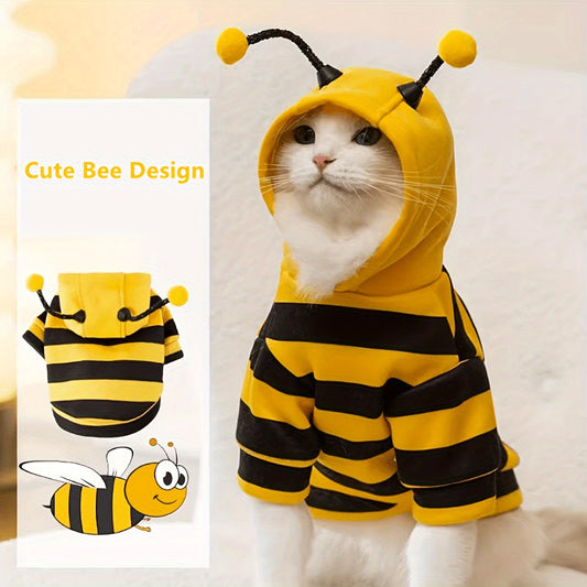 Bee costume hoodie for small to medium pets, suitable for cats and dogs under 8kg. Made from 100% polyester with a cute bee design.