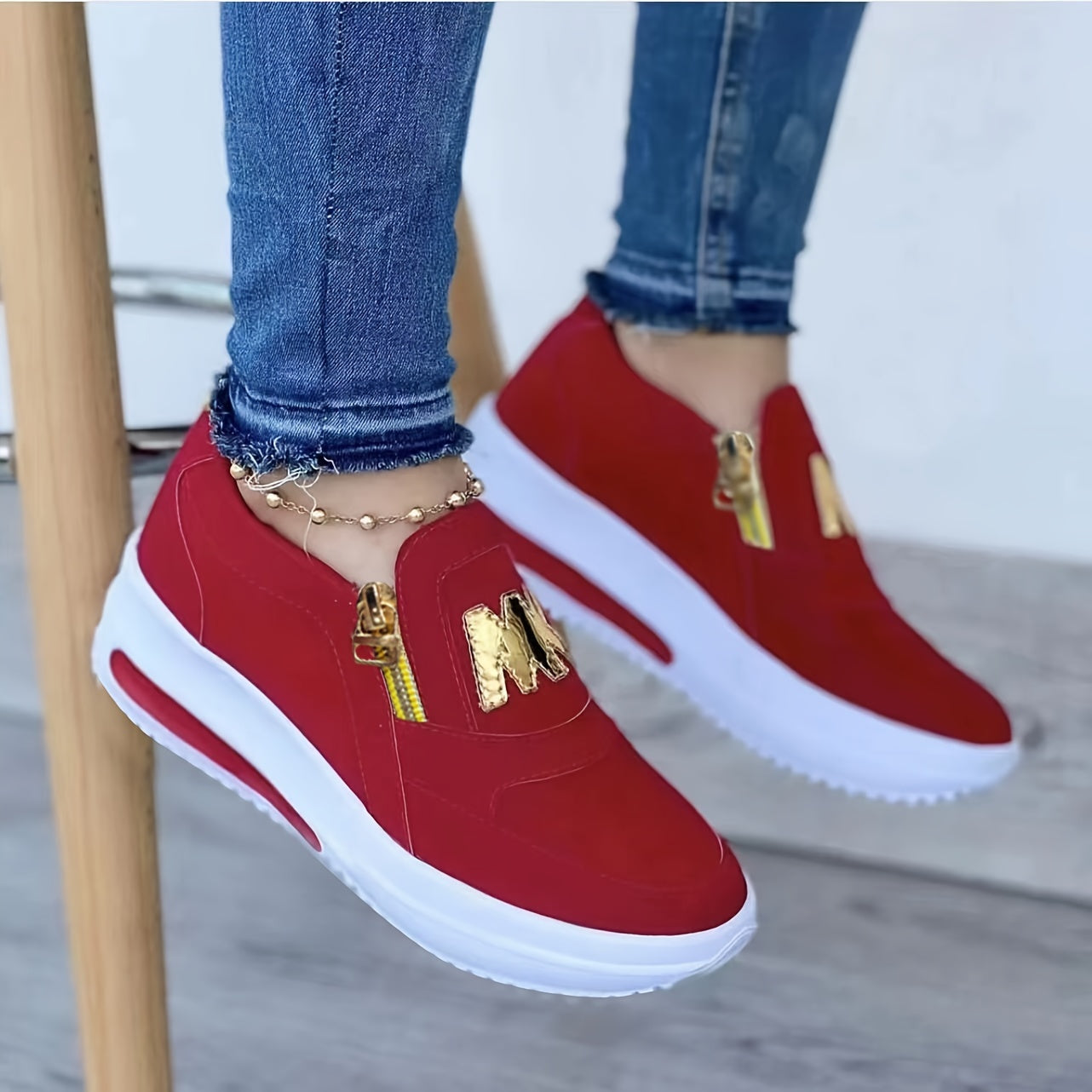 Women's slip-on low top walking shoes with thick bottom for comfort. Casual skateboard sneakers with non-slip TPU sole for all-season wear. Fabric upper and inner with breathable insole.