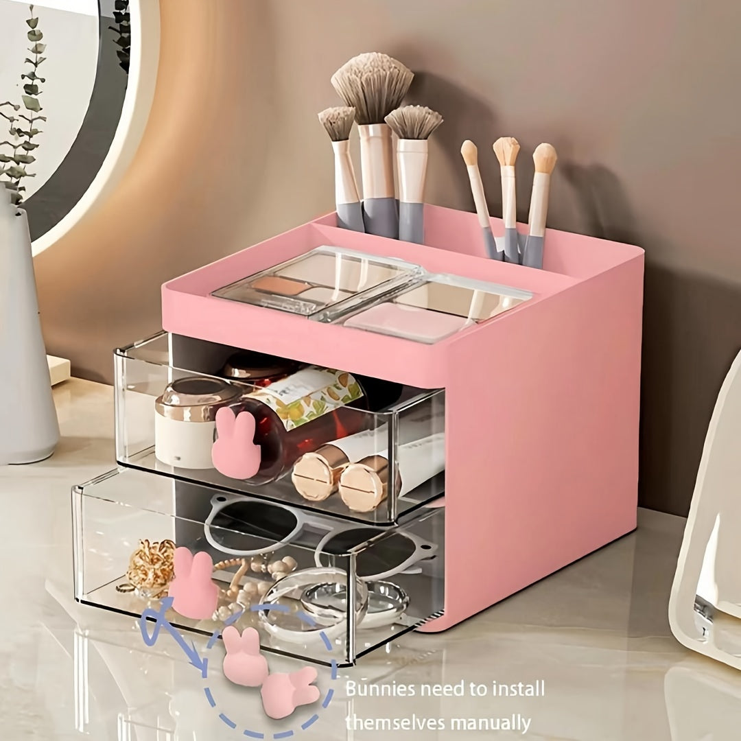 Chic white cosmetic storage box with rabbit handles, 2-drawer desktop organizer for makeup, jewelry, and office supplies. Transparent compartments, lightweight, and easy to assemble. Ideal gift for women.