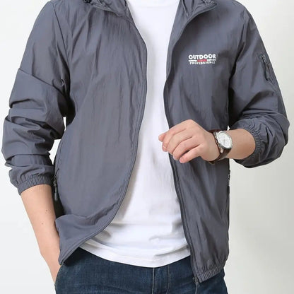 Men's hooded windbreaker jacket with letter print, perfect for fishing and outdoor activities, providing both sun protection and style.