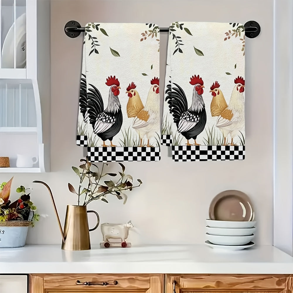 2 pieces of ultra soft kitchen towels featuring hand painted chickens and grass, perfect for holiday decor. These highly absorbent dish hand towels are machine washable and measure 16x24 inches. Item number: 2KYSYS1225199.