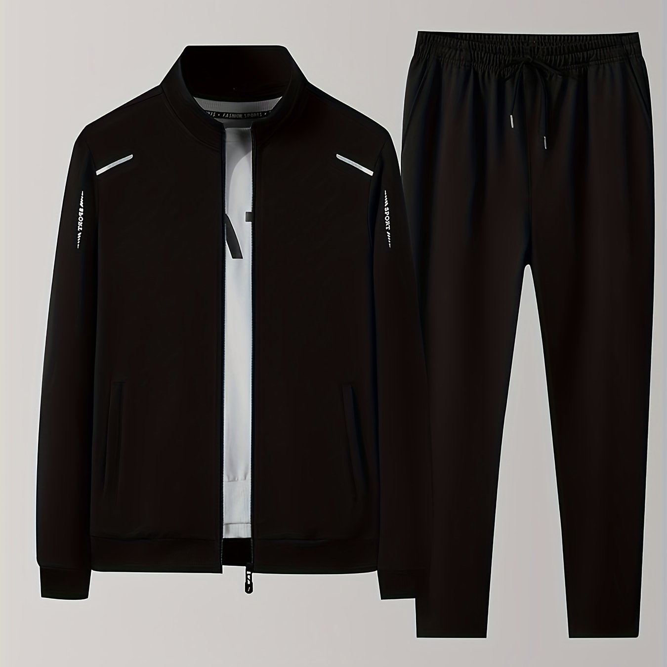 Men's 2-piece set for outdoor jogging and gym workout in spring and autumn, featuring a solid long sleeve zip up jacket with stand collar and drawstring joggers.