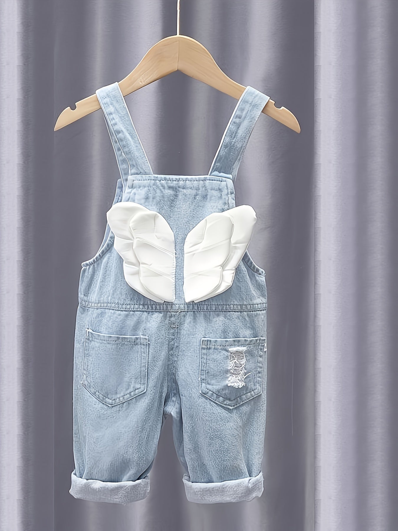 Girls' Rainbow Angel Denim Overalls with "TOGETHER WE ARE INS" Embroidery - Comfy Blend, Ripped Detail, Ideal for Spring/Fall, Denim Girls Outfit