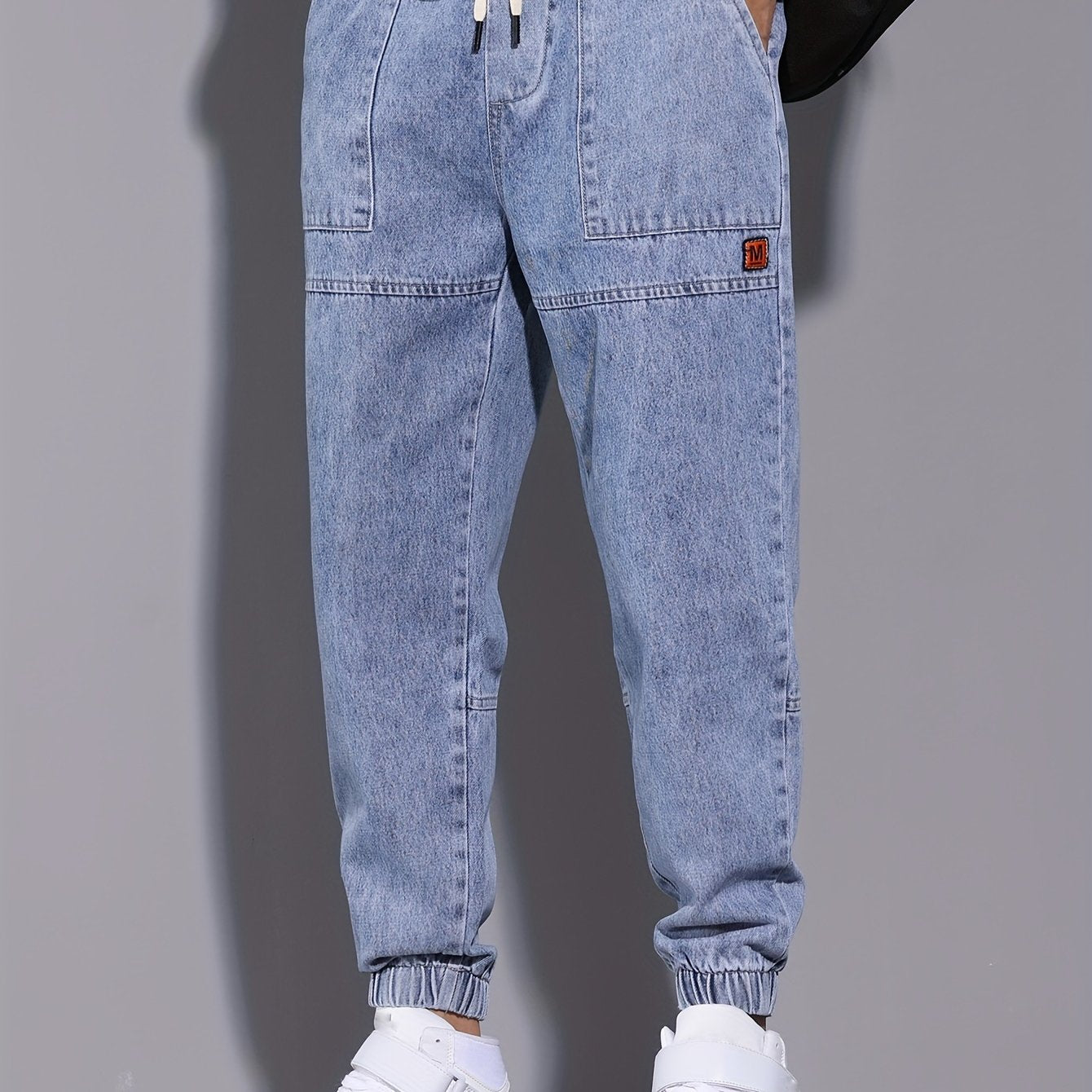 Men's harem jeans with elastic drawstring waist, perfect for all seasons.