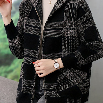 Women's Casual Plaid Hoodie Jacket - Loose Fit with Pockets, Long Sleeve Spring/Fall Outerwear, Black & White Polyester Blend, Machine Washable, Zip Up Hoodie