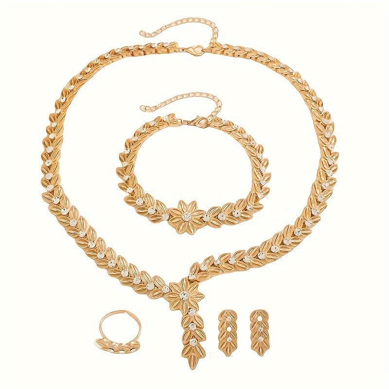 Elegant and chic Bohemian Vintage jewelry set for women includes a necklace, bracelet, ring, and earrings crafted from alloy with rhinestone accents. Perfect for daily wear, gift-giving, and special occasions.