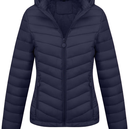 Zip-up Puffy Coat with Slant Pockets for Fall & Winter, Women's Clothing