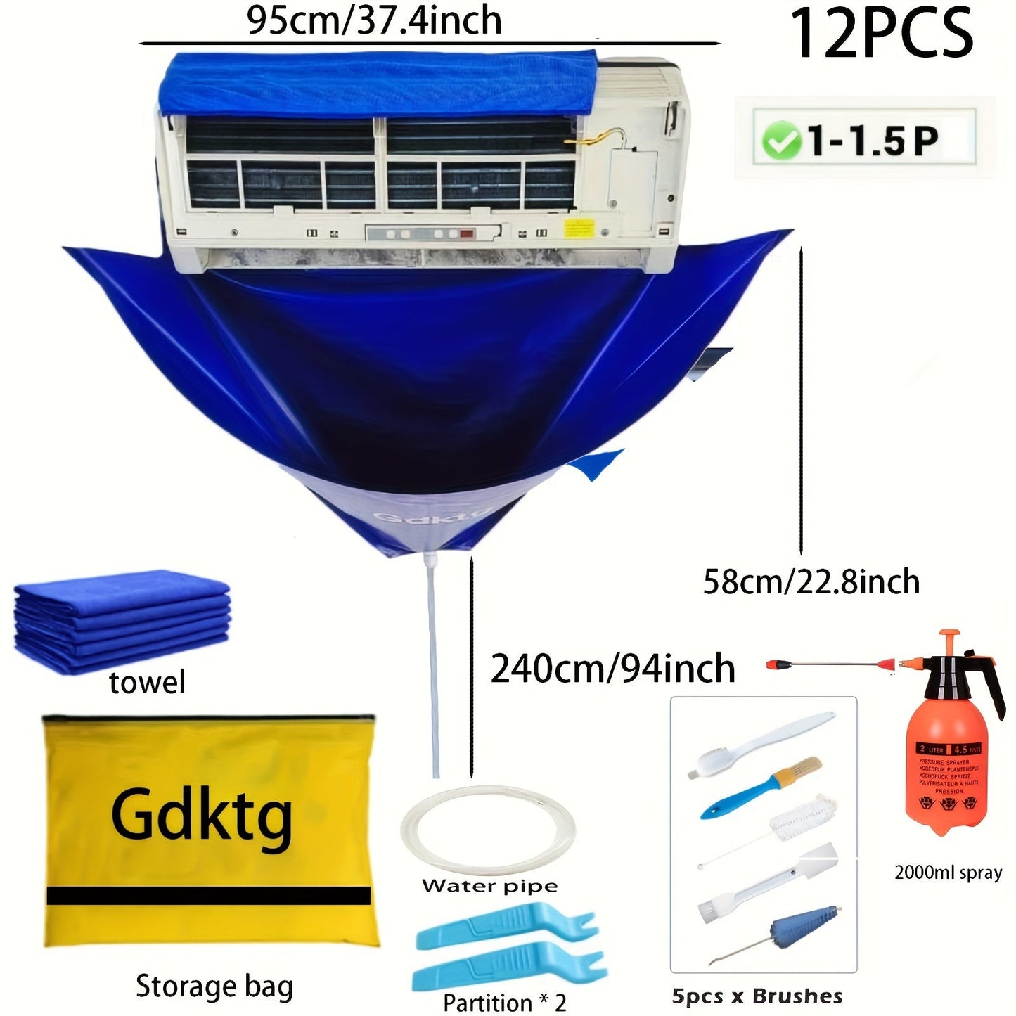 Набор из 12 больших инструментов для чистки кондиционера - включает моющиеся чехлы 95,0 см и 119,38 см с дренажной трубой, не требует электричества - идеально подходит для обслуживания вашего кондиционера в летний сезон