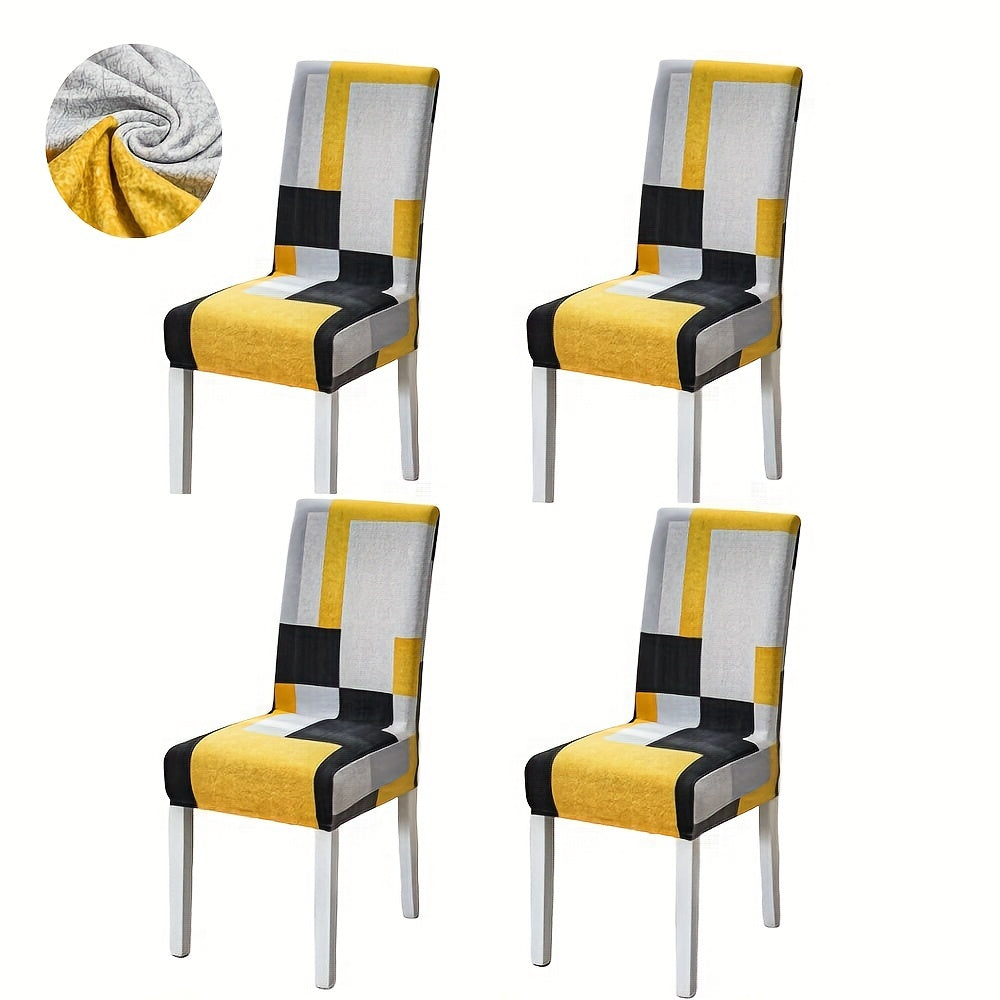 Set of 4/6 elastic dining chair slipcovers with geometric print for home, hotel, restaurant, banquet decor protection.