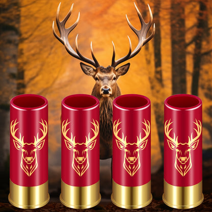 Set of 4 reusable plastic shot glasses with deer and skull designs and 12GA bullet shaped cups. Made of recyclable material, ideal for parties and gifting.