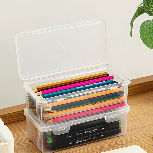 Set of 4 large clear PP storage boxes with lids, ideal for organizing office and school supplies like pens, pencils, markers, and crafts.