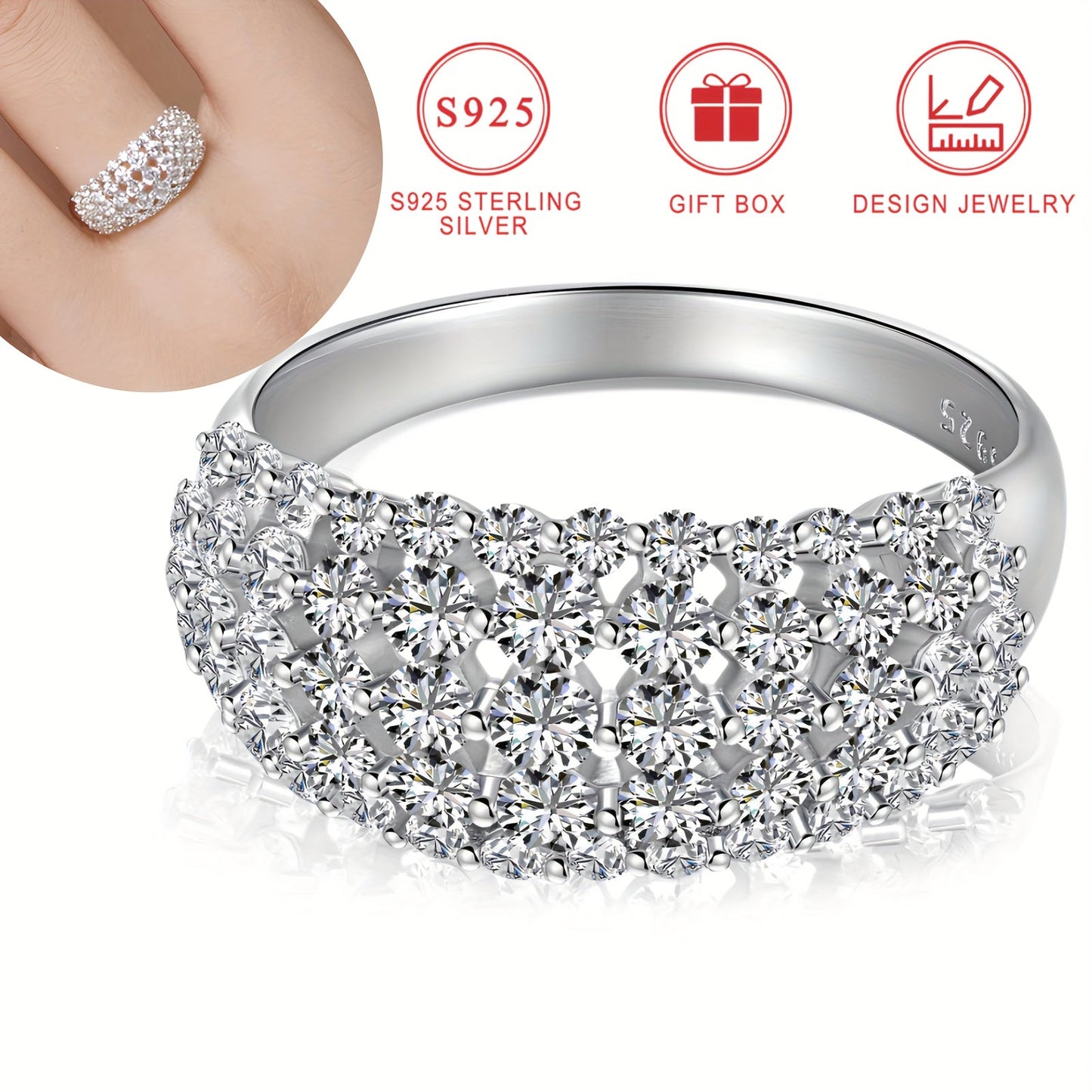 Wide Version Ladies Ring Curved Diamond-studded Synthetic Zirconia Ring - High Quality Sterling Silver (S925) - Stylish Design - Bead Jewelry - Perfect Gift for Lovers Day, Mothers Day, Ramadan, Eid al-Fitr - Comes in a gift box