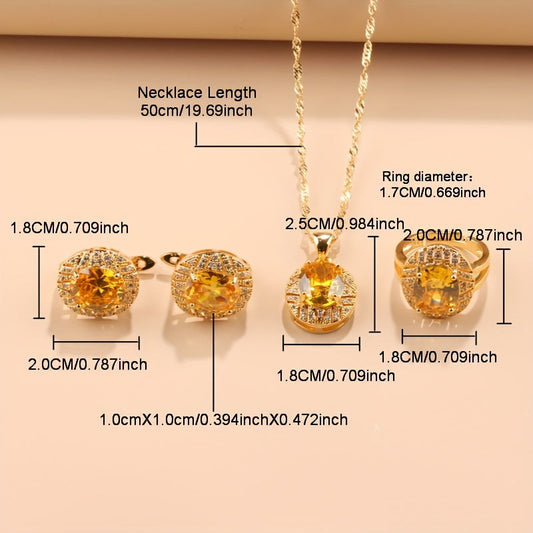 Sophisticated 4-Piece Jewelry Set - Featuring 18K Gold Plated Copper and Synthetic Zirconia Stones. Includes French-Style Necklace, Earrings, and Rings Combo perfect for Daily Wear or Weddings. Adorned with a Christmas Holiday Theme, this All-Season