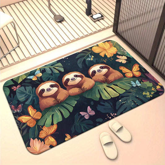 Microfiber absorbent door mat featuring a trio of cartoon sloths, designed for non-slip placement in bathrooms, kitchens, or bedrooms. This memory foam rug is machine washable, electricity-free, featherless, and made of 100% polyester.