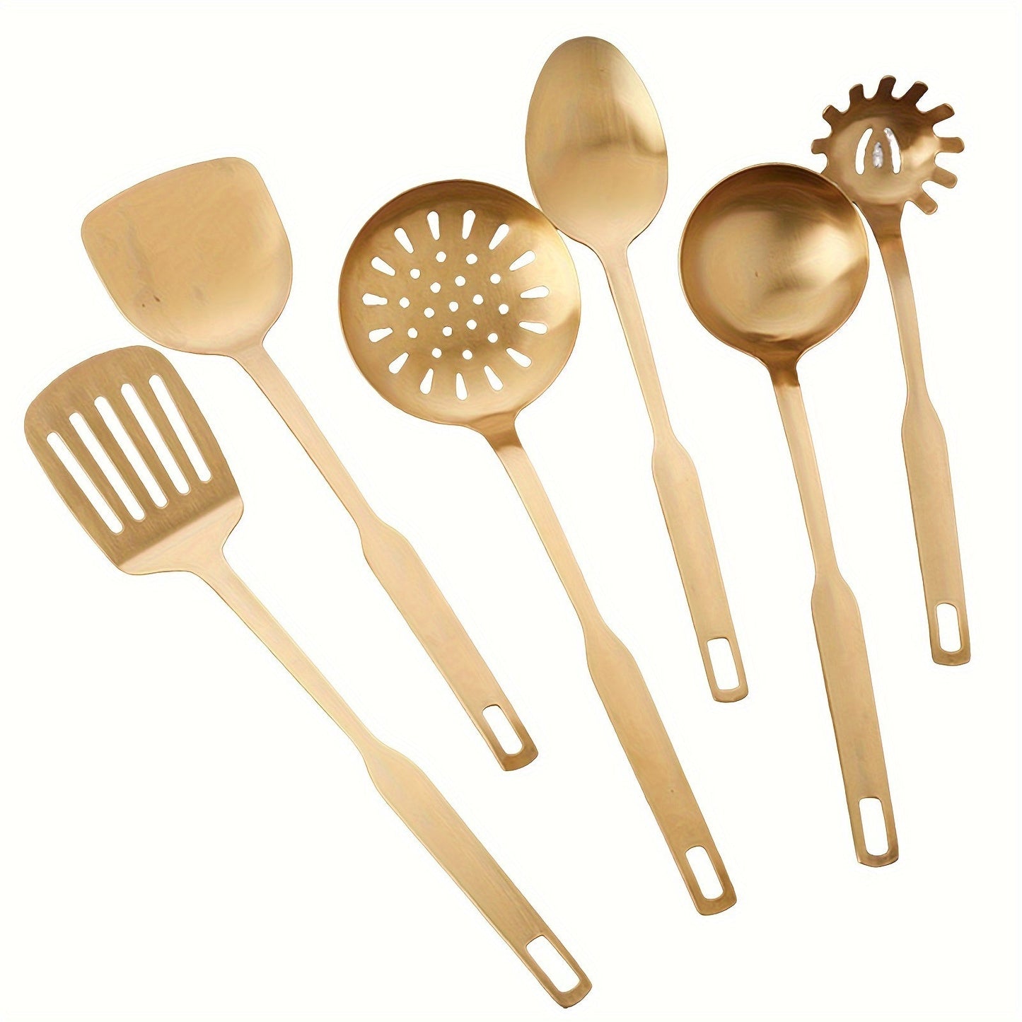 Set of 6 stainless steel kitchen utensils with matte finish, rust-resistant and non-magnetic. Includes spoon, slotted spoon, ladle, pasta fork, skimmer, and spatula.