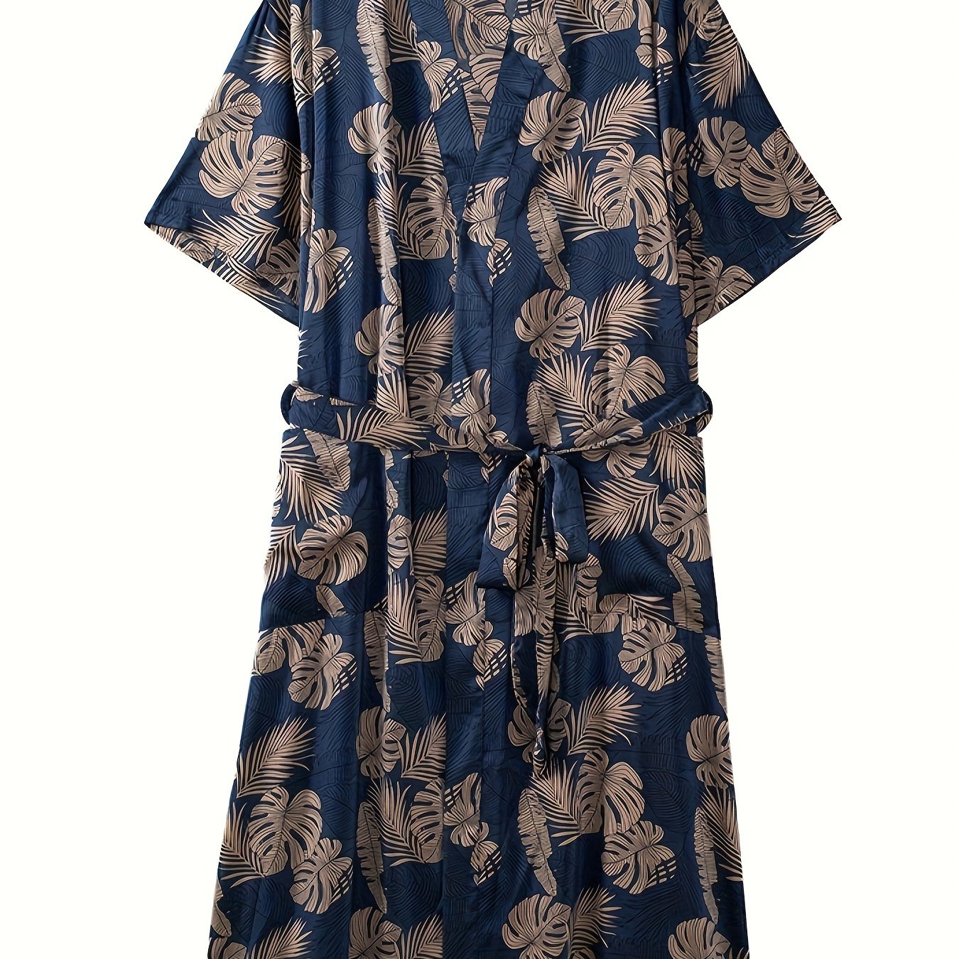 Men's trendy leaf print V-neck open front summer sleep robe, plus size, loose fit, comfortable and breathable.