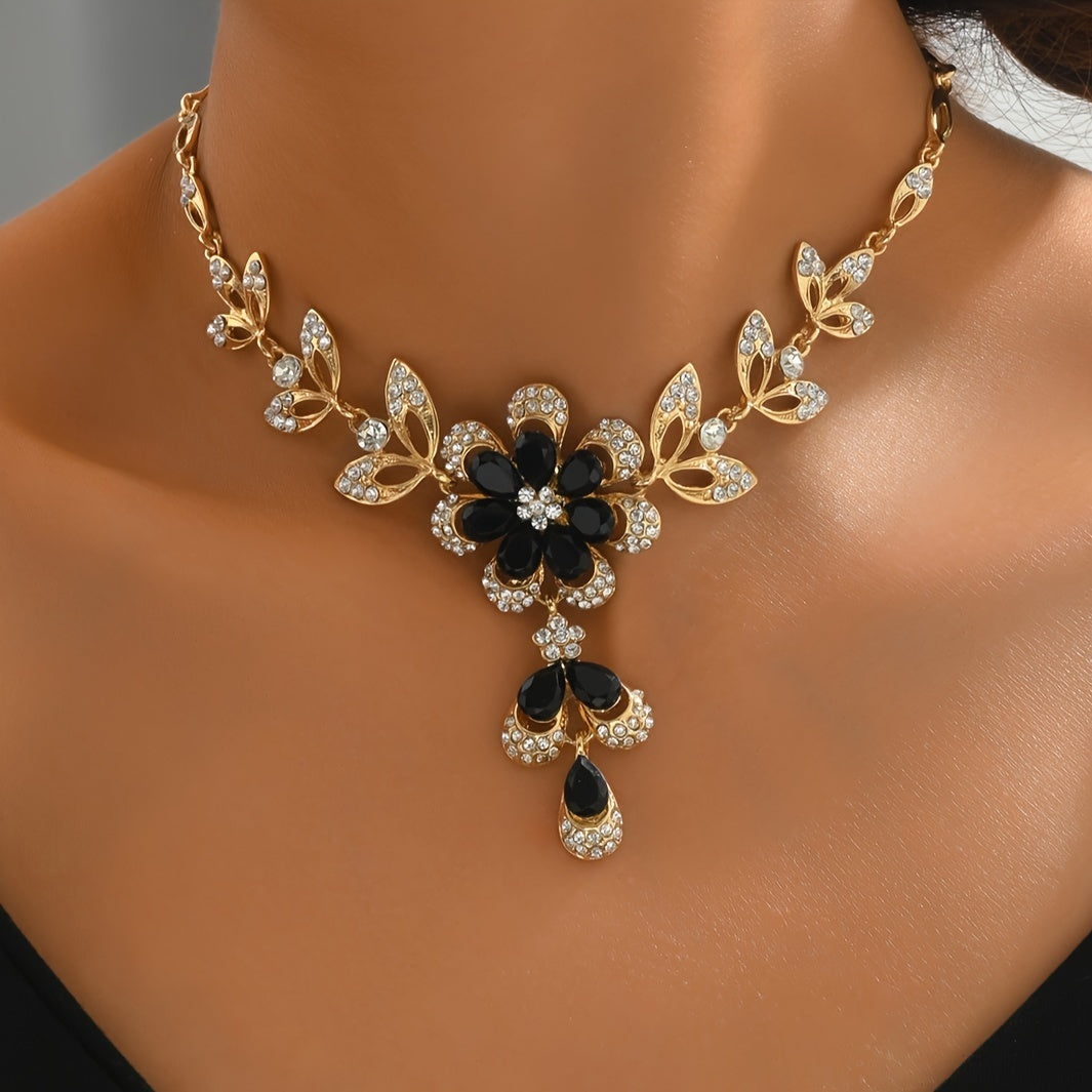 Boho Vacation Style Jewelry Set: 14k Gold Plated Zinc Alloy with Synthetic Zirconia Flower Earrings and Necklace for Women. Perfect for Parties, Weddings, and Spring Season.