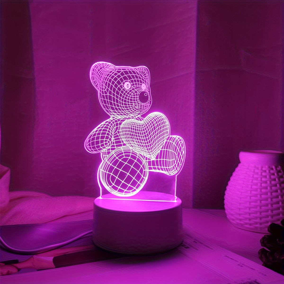 3D night light with pink heart bear design, USB powered, switch control, ideal for modern bedroom decor.