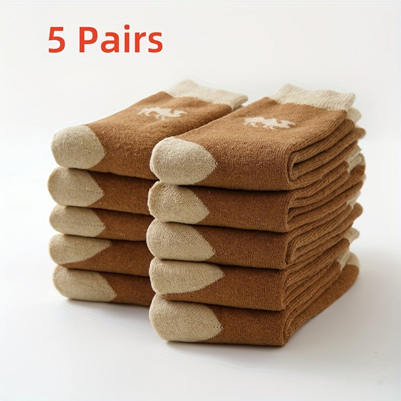 5 pairs of men's comfortable camel pattern thermal crew socks made from a cotton blend knit fabric with polyester and elastane for warmth and comfort.